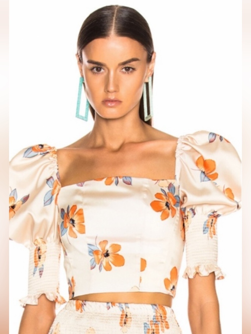 Nicholas Bustier Crop Top Satin Floral Smocked Puff Sleeve $398. Excellent 2